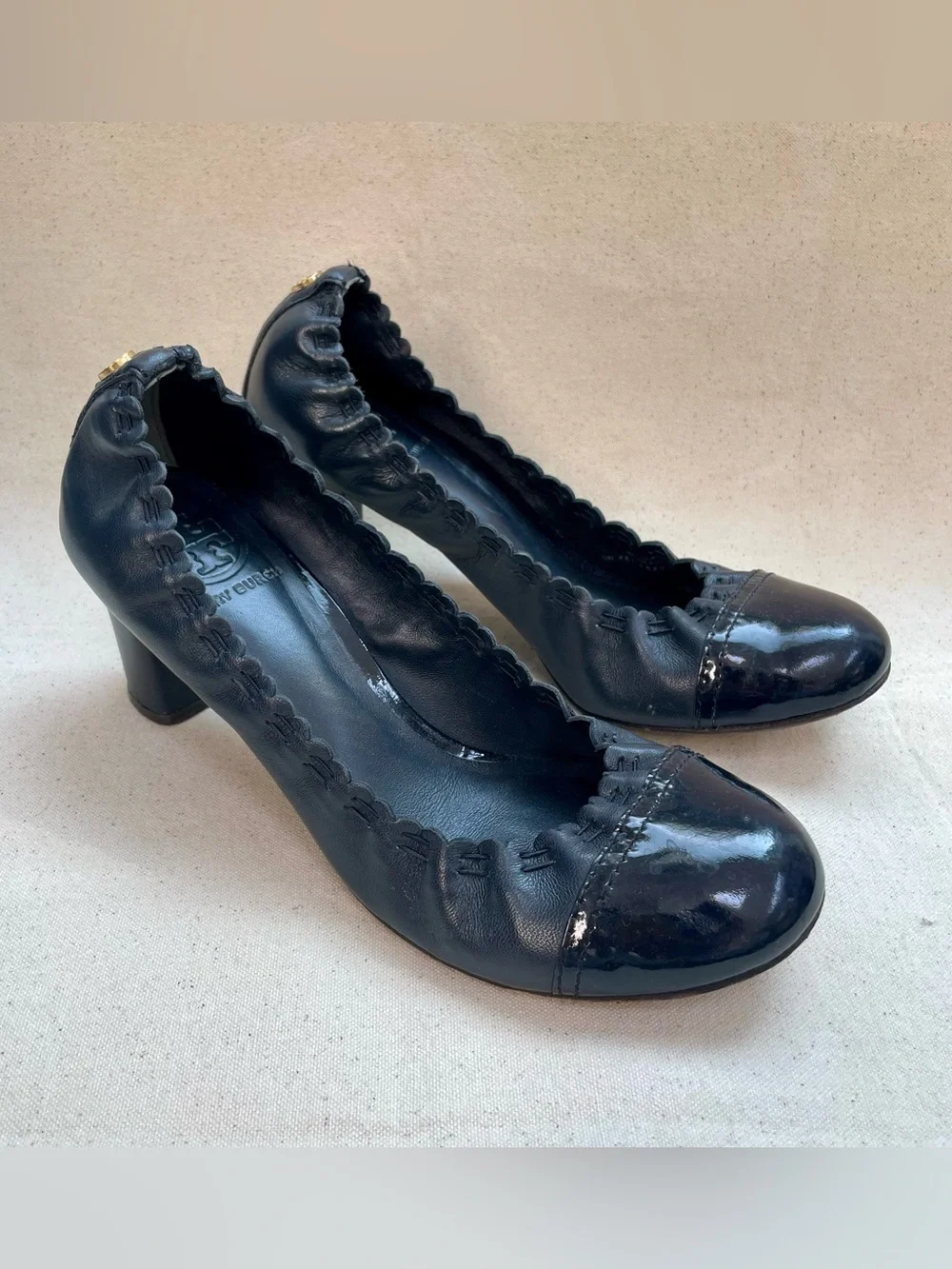 Tory Burch Navy Patent Round-Toe Block Heel Pumps